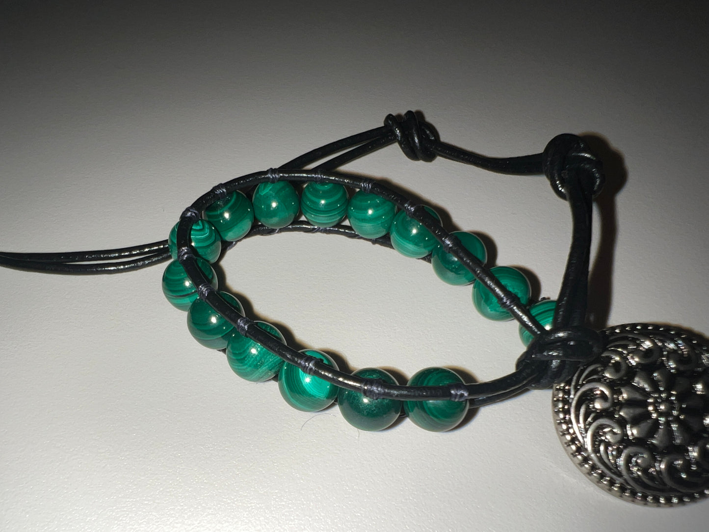 Malachite Leather Single Wrap with Flower Button (Energy & travel protection, love) * Heart Chakra