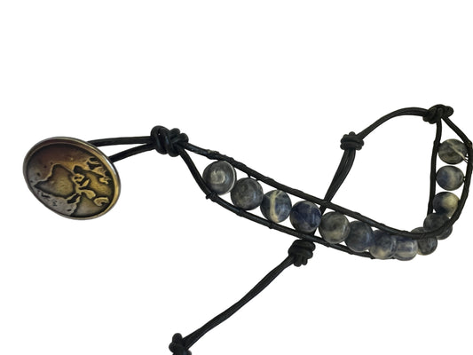 Sodalite Single Wrap Bracelet with World Button (Throat Chakra)